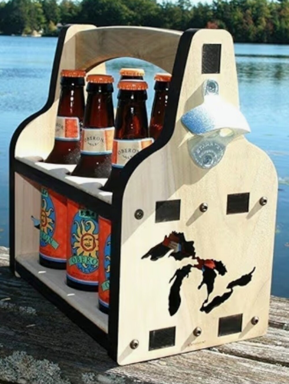 Michigan Wooden 6-Pack Beer Caddy with Bottle Opener
